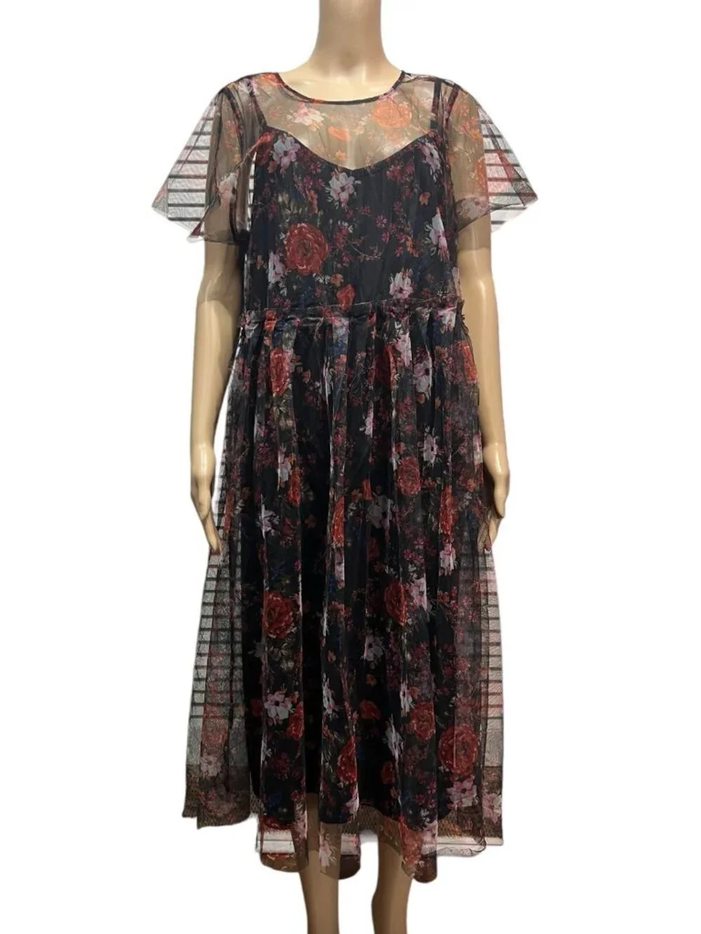 Torrid 2 Dress Plus Size 2X  Multicolor Floral Print Mesh Lined Skater Lace - Picture 4 of 14